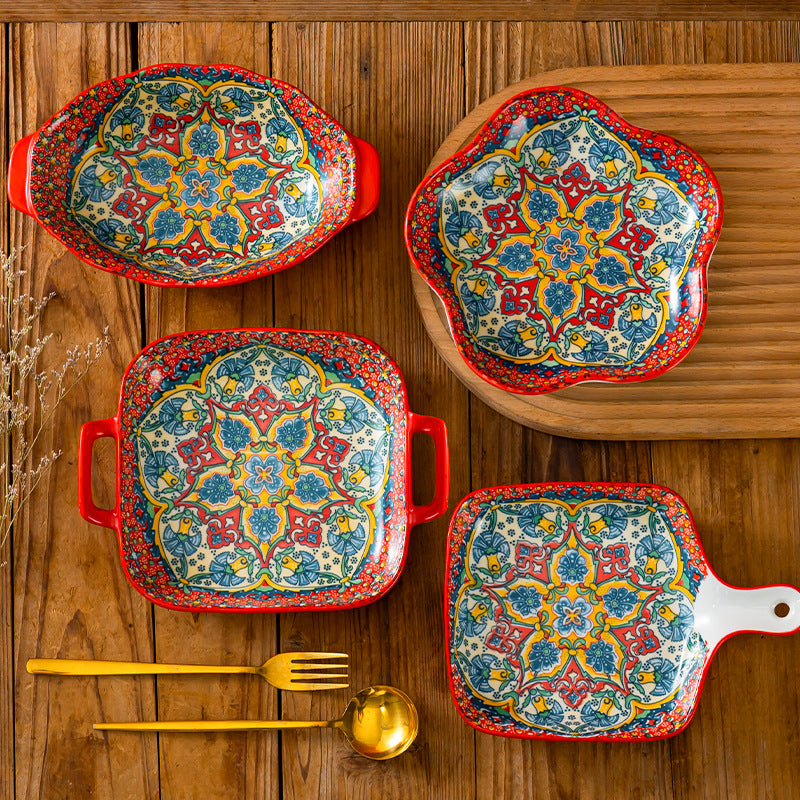 Bohemian Ceramic Baking Dish Set – Colorful Serving Plates with Handles