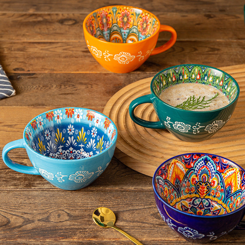 Bohemian Ceramic Mug Bowl Set – Hand-Painted Colorful Coffee & Soup Cups