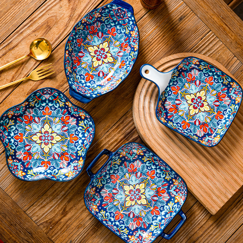 Bohemian Ceramic Baking Dish Set – Colorful Serving Plates with Handles