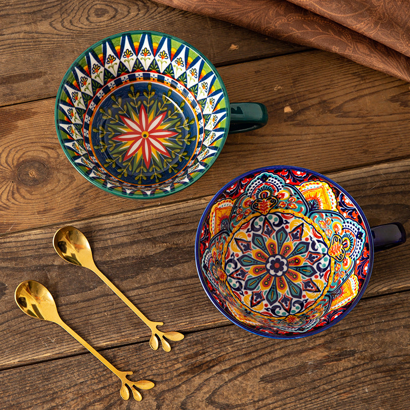 Bohemian Ceramic Mug Bowl Set – Hand-Painted Colorful Coffee & Soup Cups