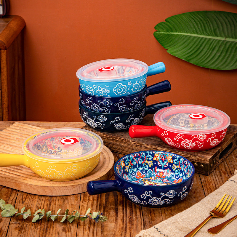 Bohemian Ceramic Bowl with Handle – Colorful Hand-Painted Soup & Noodle Bowl