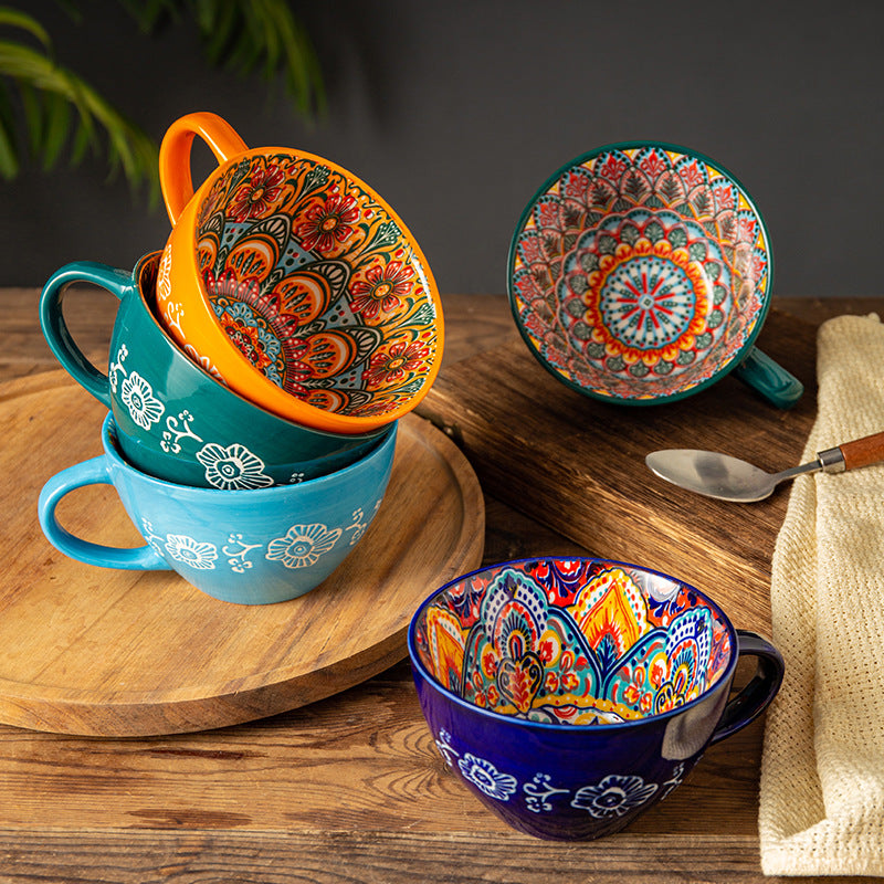 Bohemian Ceramic Mug Bowl Set – Hand-Painted Colorful Coffee & Soup Cups