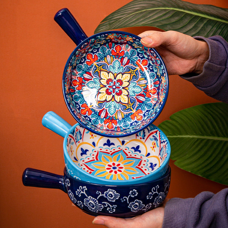 Bohemian Ceramic Bowl with Handle – Colorful Hand-Painted Soup & Noodle Bowl
