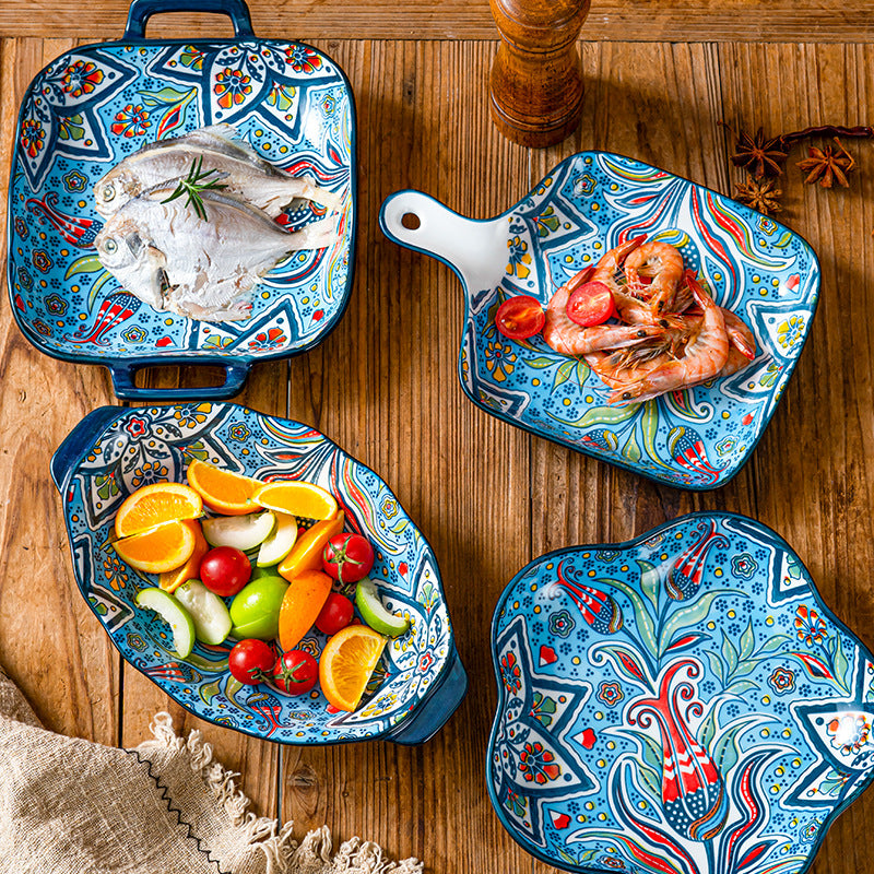 Bohemian Ceramic Baking Dish Set – Colorful Serving Plates with Handles