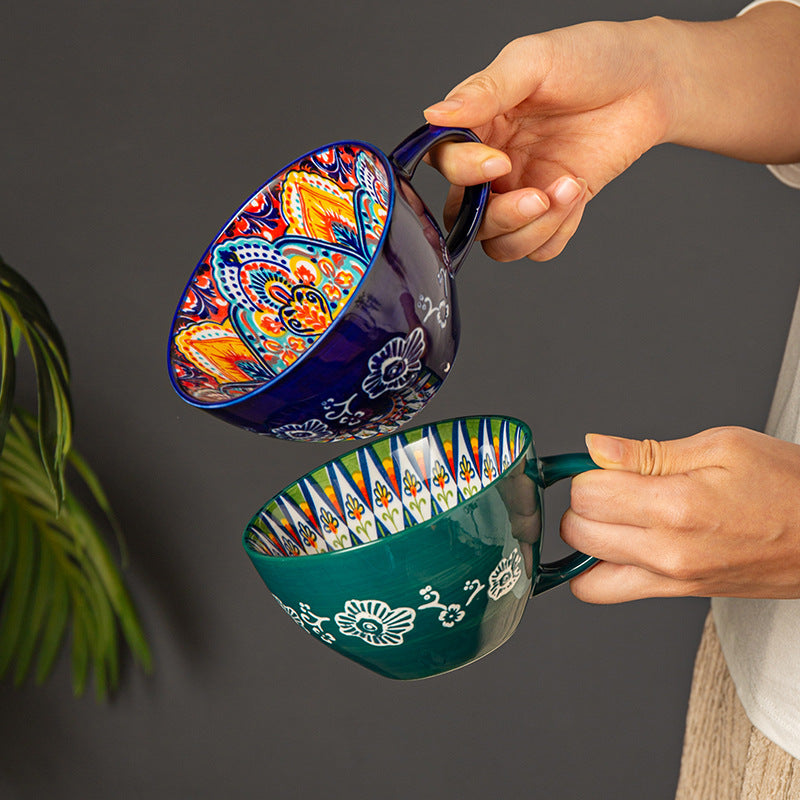 Bohemian Ceramic Mug Bowl Set – Hand-Painted Colorful Coffee & Soup Cups